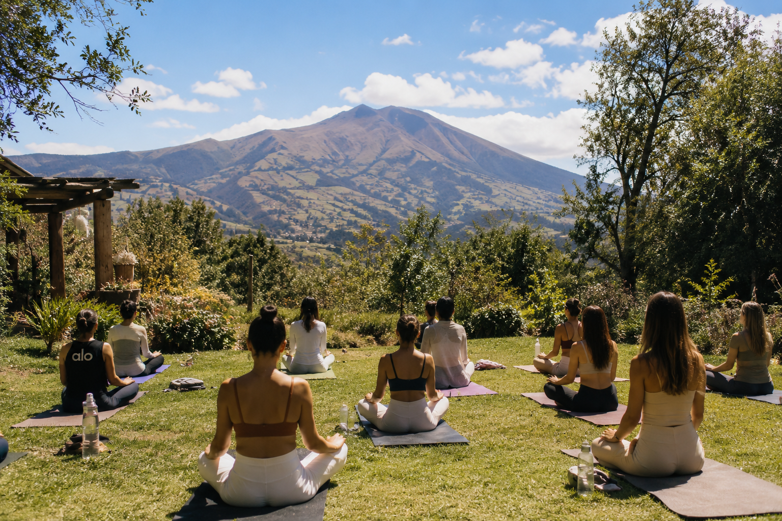 Clase de yoga en grupo frente al volcán Imbabura