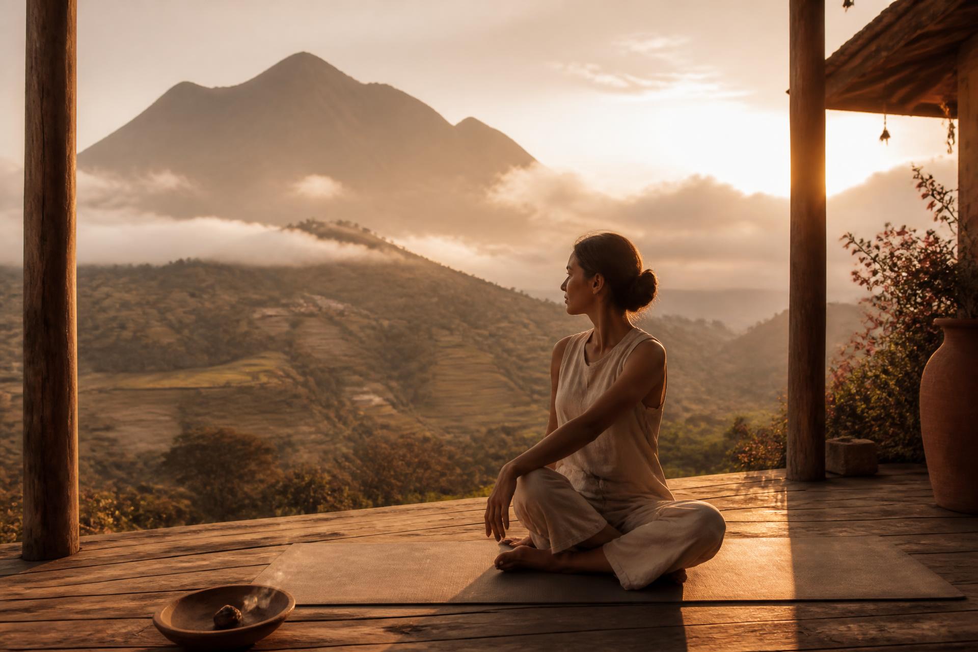 Meditación al amanecer frente a las montañas de Ibarra